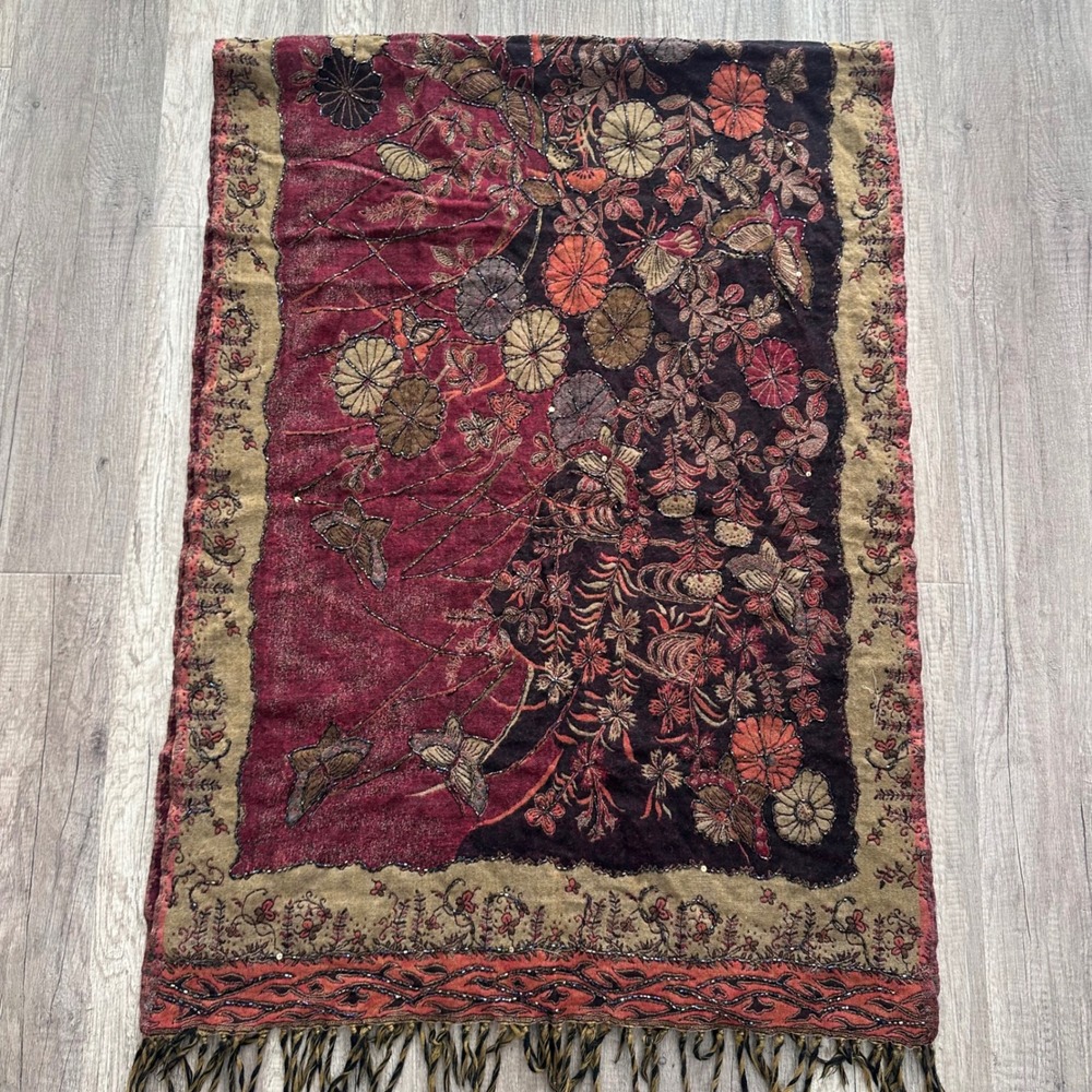 Pashmina Scarf Burgundy‎ Beaded Floral Boho Gypsy Wrap Butterflies - Picture 9 of 12
